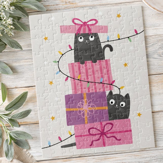 Süße Katze mit Lichtern und Weihnachtsgeschenken Puzzle (Cute cat with lights and Christmas gifts Jigsaw Puzzle)