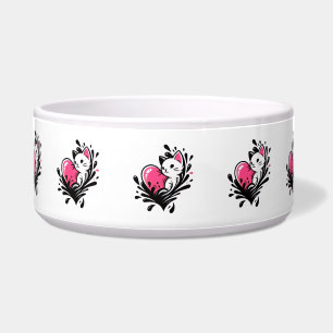Süße Katze mit rosa Herz-Spritzer Napf