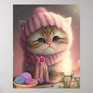 Süße Katze mit rosa Strickmütze und Schal Garn Kun Poster