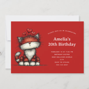 Süße Katze mit roten Liebesherzen Geburtstag Einladung