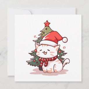 Süße Katze mit Santa-Hut neben dem Weihnachtsbaum Einladung