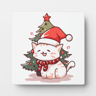 Süße Katze mit Santa-Hut neben dem Weihnachtsbaum Fotoplatte