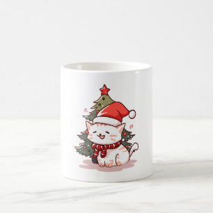 Süße Katze mit Santa-Hut neben dem Weihnachtsbaum Kaffeetasse