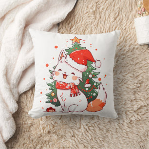 Süße Katze mit Santa-Hut neben dem Weihnachtsbaum Kissen
