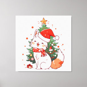 Süße Katze mit Santa-Hut neben dem Weihnachtsbaum Leinwanddruck