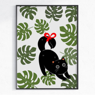 Süße Katze mit Schleife Monstera Blätter Poster