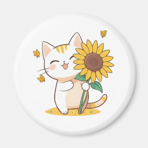 Süße Katze mit Sonnenblumen-Kawaii-Design Magnet