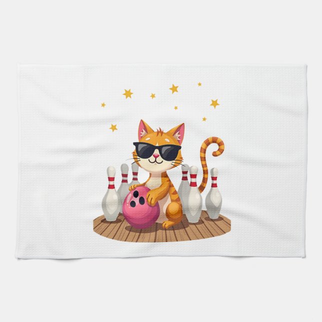 Süße Katze mit Sonnenbrille Katze spielt Bowling f Geschirrtuch (Horizontal)