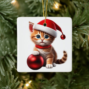 Süße Katze mit Weihnachtsmütze und rotem Weihnacht Keramikornament