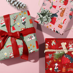 Süße Katze Pink Rot Grün Retro-Muster Weihnachten  Geschenkpapier Set