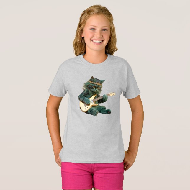 Süße Katze Rockstar Kinder- T-Shirt (Vorne ganz)