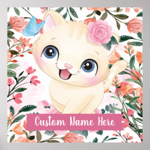 Süße Katze rosa Rosen errötende Blumen benutzerdef Poster