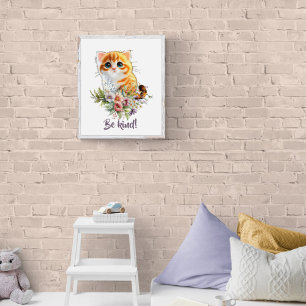 Süße Katze schaut nach oben mit Wasserfarbenblumen Poster