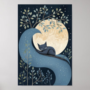 Süße Katze schläft unter Mond und Sternen. Poster
