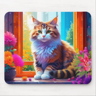 Süße Katze sitzt in einem Stadtfenster Ai Kunst Mousepad