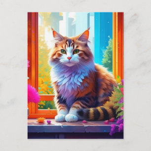 Süße Katze sitzt in einem Stadtfenster Ai Kunst Postkarte