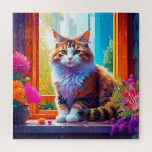 Süße Katze sitzt in einem Stadtfenster Ai Kunst Puzzle