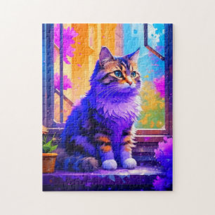 Süße Katze sitzt in Fenster Ai Kunst Puzzle
