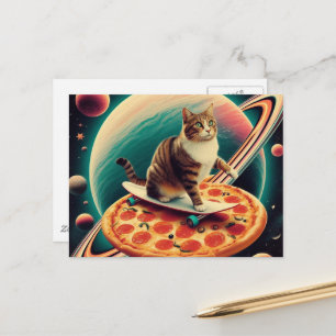 Süße Katze Skateboardfahren auf einem Pizza-Planet Postkarte