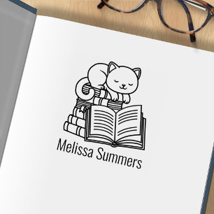 Süße Katze Stapel Bücher Benutzerdefinierter Name  Gummistempel