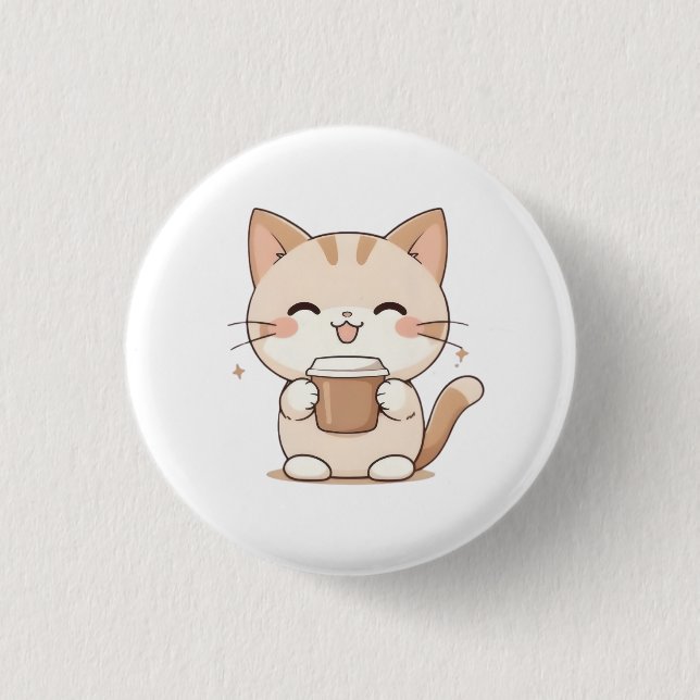Süße Katze trinkt Kaffee Kawaii Design Button (Vorderseite)