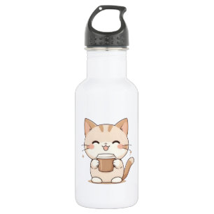 Süße Katze trinkt Kaffee Kawaii Design Edelstahlflasche
