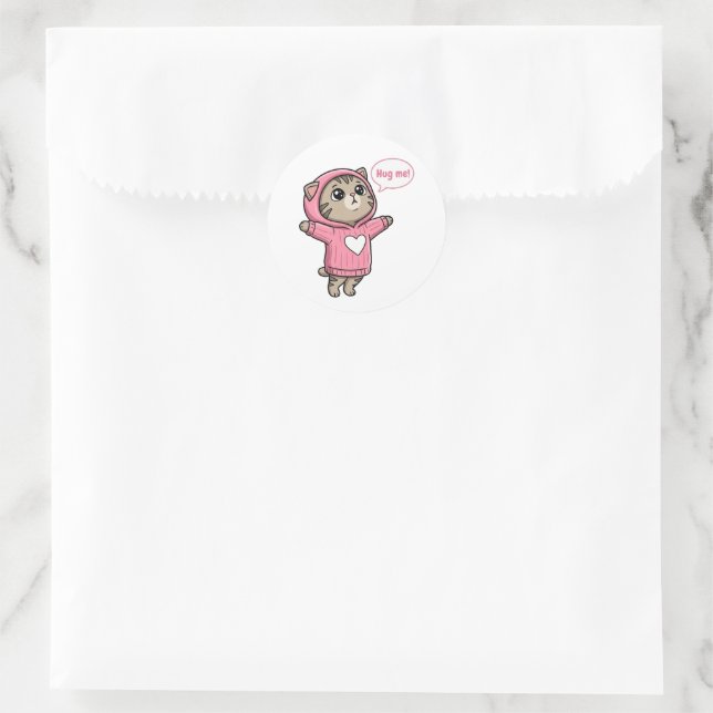 Süße Katze Umarme Mich Rosa Kapuzenpullover Herz A Runder Aufkleber (Tasche)