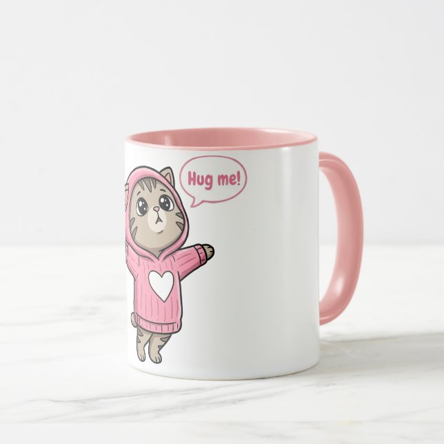 Süße Katze Umarme Mich Rosa Kapuzenpullover Herz  Tasse (VorderseiteRechts)
