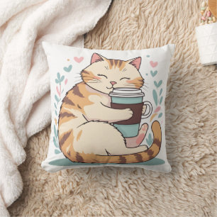 Süße Katze umarmt Kaffeetasse   Verspieltes Wurfki Kissen