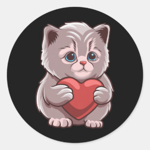 Süße Katze umarmt Valentins Herz Kitty Liebe Katze Runder Aufkleber