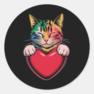 Süße Katze umarmt Valentinsherz Kitty Liebeskatze Runder Aufkleber