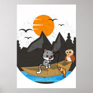 Süße Katze und Eule Angelboot Naturkunst Poster