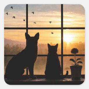 Süße Katze und Hund Blumentopf Fenster Quadratischer Aufkleber