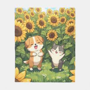 Süße Katze und Hund Sonnenblumen Fleece-Decke Fleecedecke