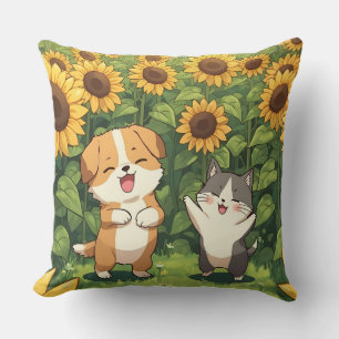 Süße Katze und Hund Sonnenblumen-Wurfkissen Kissen