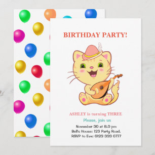 Süße Katze und mehrfarbige Luftballons Geburtstag Einladung
