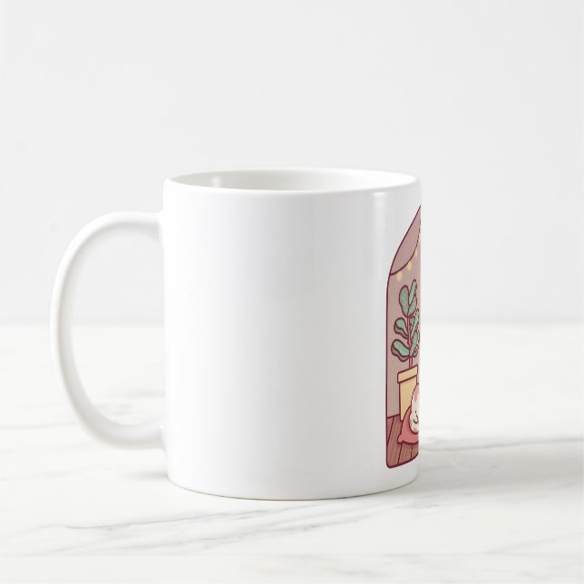 Süße Katze wird vor dem Kamin warm und gemütlich Kaffeetasse (Links)
