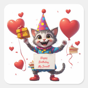 Süße Katze zum Geburtstag mit Geschenk und Schild Quadratischer Aufkleber