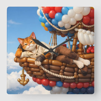 Süße Katzen-Ballon-Kinderzimmer-Wanduhr-Dekoration Quadratische Wanduhr
