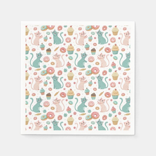 Süße Katzen & Cupcakes Muster - Kawaii Kätzchen Ku Serviette (Vorderseite)
