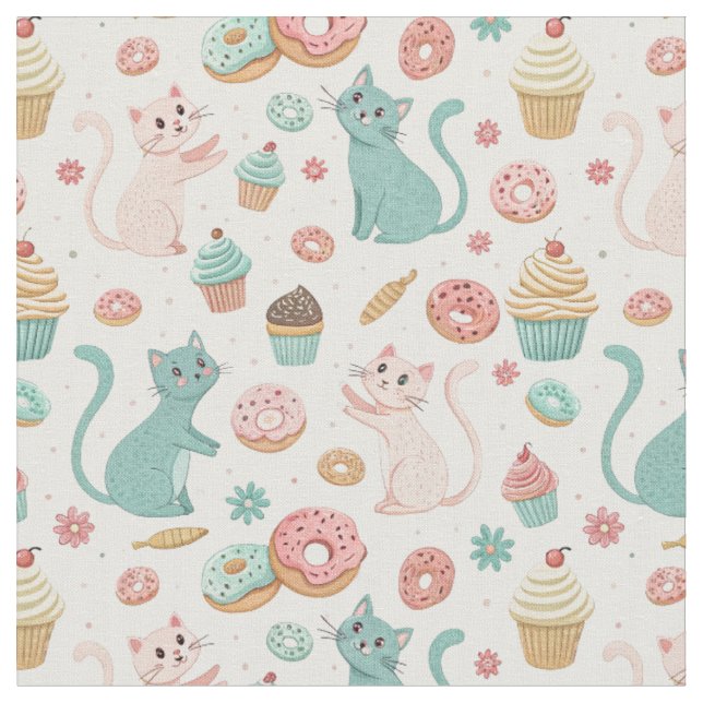 Süße Katzen & Cupcakes Muster - Kawaii Kätzchen Ku Stoff (Nahaufnahme)