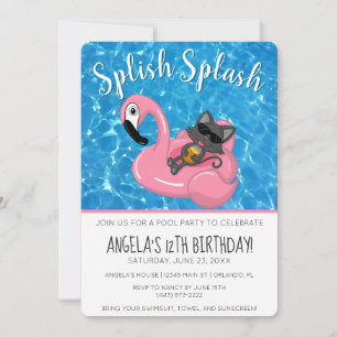 Süße Katzen-Flamingo-Kinder-Geburtstags-Poolparty Einladung