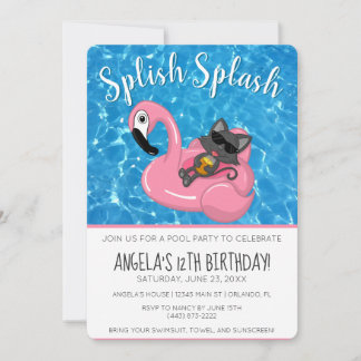 Süße Katzen-Flamingo-Kinder-Geburtstags-Poolparty Einladung