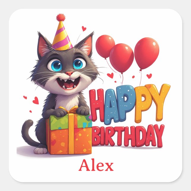 Süße Katzen-Geburtstagsfeier 🥳 Quadratischer Aufkleber (Vorderseite)