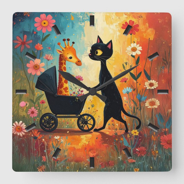 Süße Katzen-Giraffen-Wanduhr Quadratische Wanduhr (Vorderseite)