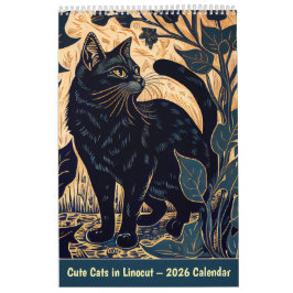 Süße Katzen im Linolschnitt – 2026 Kalender