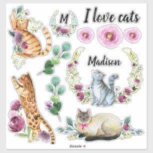 Süße Katzen Kranz Monogramm Name Aufkleber