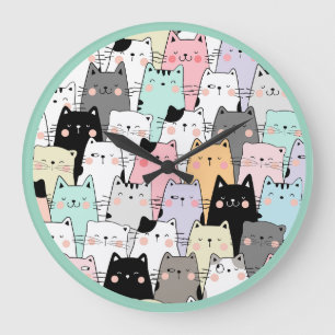 Süße Katzen, Lustige Katzen, Cartoon-Katzen Muster Große Wanduhr
