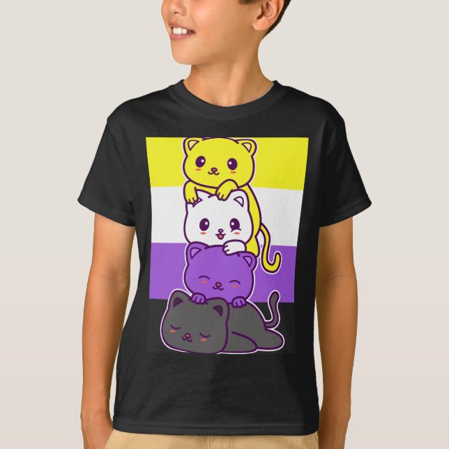 Süße Katzen mit Non-Binary-Flagge - Kawaii LGBT T-Shirt (Vorderseite)
