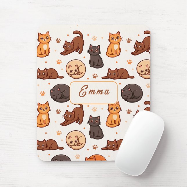 Süße Katzen Muster Individueller Monogramm Name Ki Mousepad (Mit Mouse)